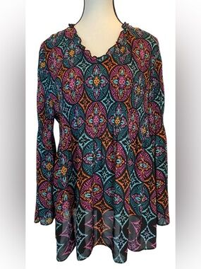 Long sleeve boho chic tunic top floral medallion print feminine flowy Size XL